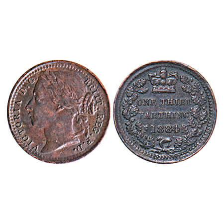 Great Britain, Bronze 1/3 Farthing, 0.92g, Victoria queen, 1884, Obv: Second laureate port
