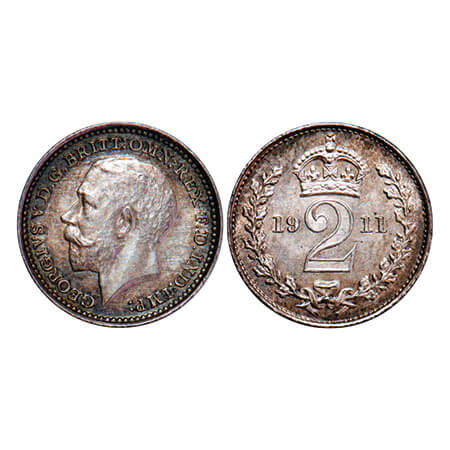 Great Britain, Silver (.925) 2 Pence, 0.96g, 1911 (Maundy Issue), George V, Obv: Uncrowned