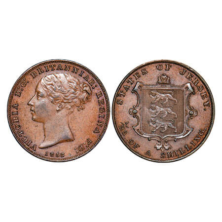 Jersey, Copper 1/26 Shilling, 8.55g, Queen Victoria, 1858, Heaton Mint. Obv: Portrait of y