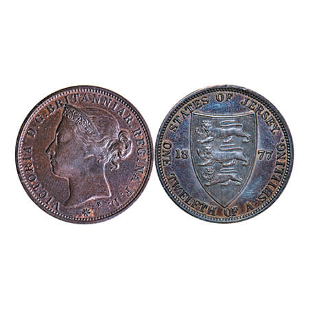 Jersey, Bronze 1/12 Shilling, 9.46g, Queen Victoria, 1877, Heaton Mint. Obv: Portrait of y