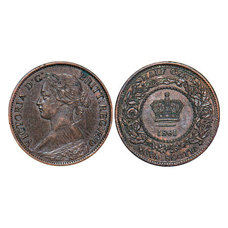 Nova Scotia (Canada), Bronze 1/2 Cent, 2.81g, Queen Victoria, 1861, Obv: Left portrait of 