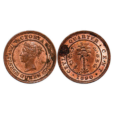 Sri Lanka, Ceylon, Copper 1/4 Cent, 1.15g, Queen Victoria, 1890, Obv: Crowned bust facing 