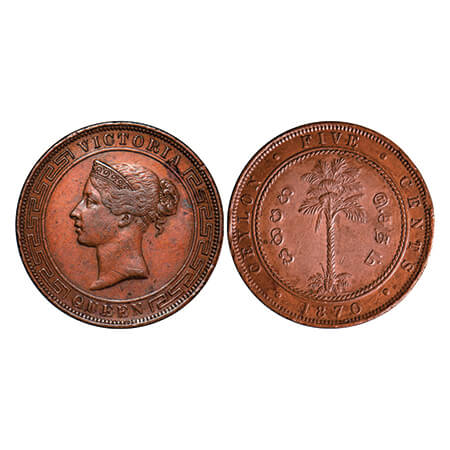 Sri Lanka, Ceylon, Copper 5 Cents, 18.88g, Queen Victoria, 1870, Obv: Crowned bust facing 