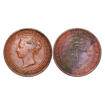 Sri Lanka Ceylon, Copper 5 Cents, 18.72g, Queen Victoria, 1870, Obv: Crowned bust facing l
