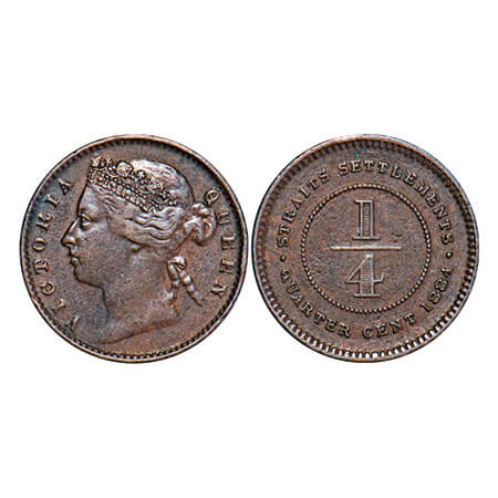 Straits Settlements, Bronze 1/4 Cent, 2.29g, Victoria Queen, 1884, Obv:Crowned bust facing