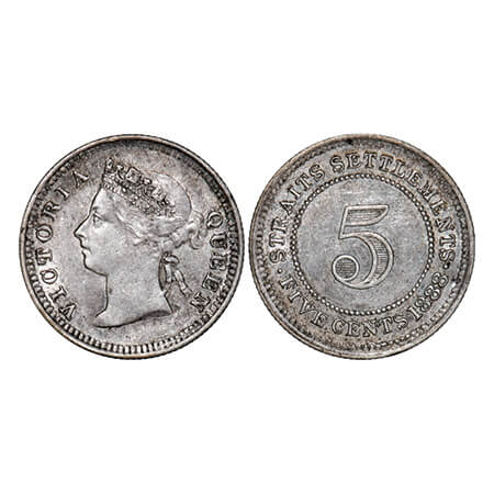 Straits Settlements, Silver (0.800) 5 Cents, 1.37g, Victoria Queen, 1888, Obv: Crowned bus