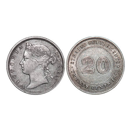 Straits Settlements, Silver (0.800) 20 Cents, 5.38g, Victoria Queen, 1878, Obv: Crowned bu