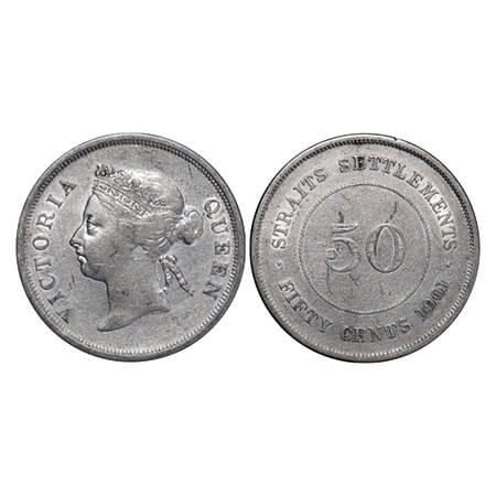 Straits Settlements, Silver (0.800) 50 Cents, 13.47g, Victoria Queen, 1901, Obv: Crowned b
