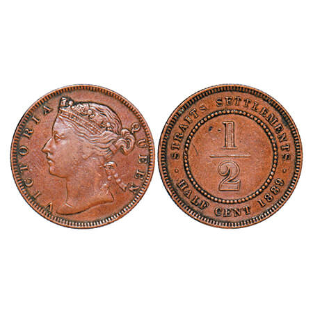 Straits Settlements, Bronze 1/2 Cent, 4.83g, Victoria Queen, 1889, Obv:Crowned bust facing