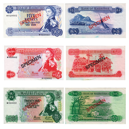 Mauritius, 5, 10, 25 Rupees Specimen (3 Notes), 1967 issue, Serial No 010002 (all notes wi