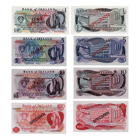Northern Ireland, 1, 5, 10, 100 Pounds Specimen (4 Notes), 1978 issue, Serial No 009982 (a