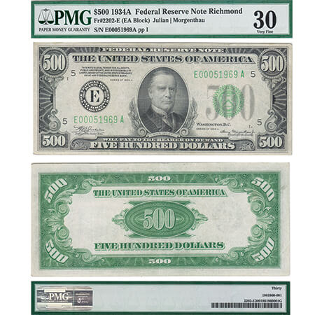 USA, 500 Dollars, 1934A Federal Reserve Note Richmond, Serial No. E00051969a, pp I, signed