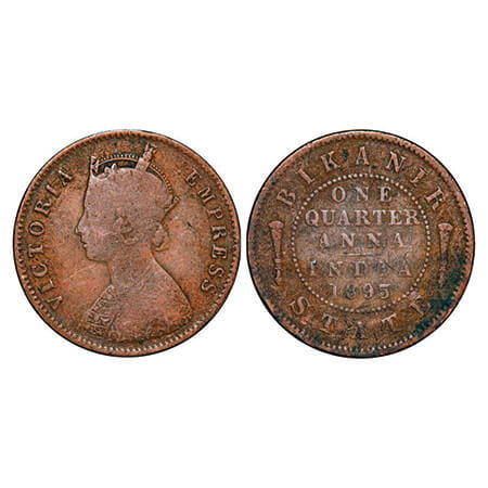 Bikanir, Copper ¼ Anna, 6.23g, Ganga Singh ( VS 1944-1999 / 1887-1942 AD), 1895 AD, with t