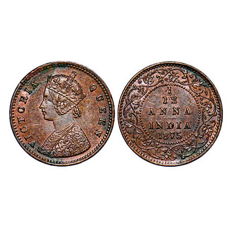 Victoria Queen, Copper, 1/12 Anna, 1875, (17.45 mm), Calcutta Mint, Obv A, No mint mark. G