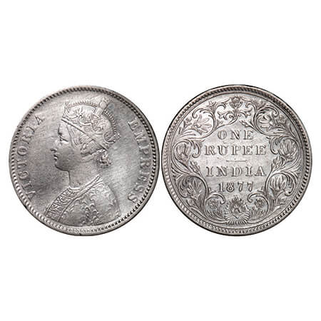 Victoria Empress, Silver, Rupee, 1877, Bombay Mint, A3/II(i), Dot, Thin numeral '77'. GK 4