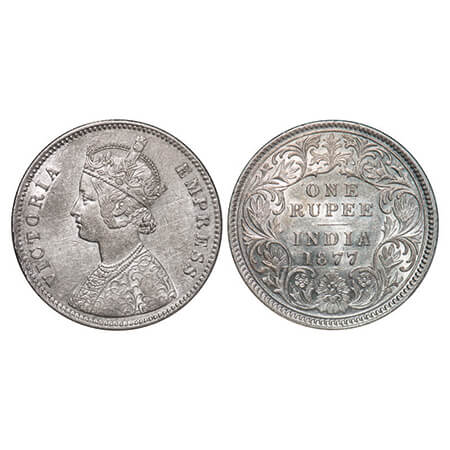 Victoria Empress, Silver, Rupee, 1877, Calcutta Mint, A1/I, No mint mark, Thick numeral '7