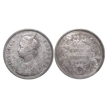 Victoria Empress, Silver, Rupee, 1878, Bombay Mint, A3/II(i), Dot. GK 451. Extremely Fine 
