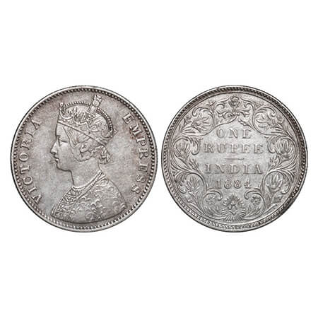 Victoria Empress, Silver, Rupee, 1884, Bombay Mint, A3/II(i), Bottom 'B' raised. GK 487. V
