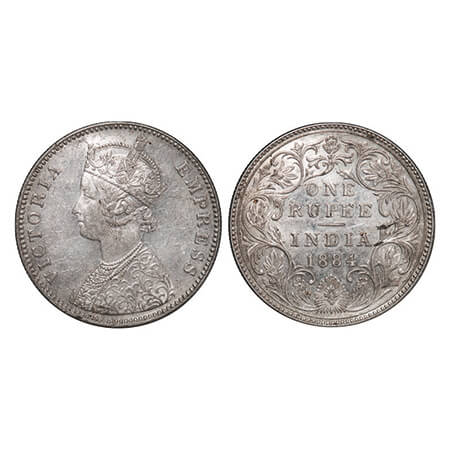 Victoria Empress, Silver, Rupee, 1884, Bombay Mint, A3/II(i), Bottom 'B' raised. GK 487. U