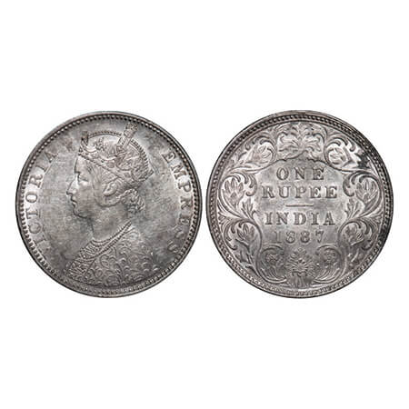 Victoria Empress, Silver, Rupee, 1887, Bombay Mint, C2/I(ii), 'B' incused inverted. GK 546