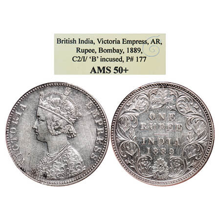 Victoria Empress, Silver, Rupee, 1889, Bombay Mint, C2/I, 'B' incused. GK 564. NGS Slabbed