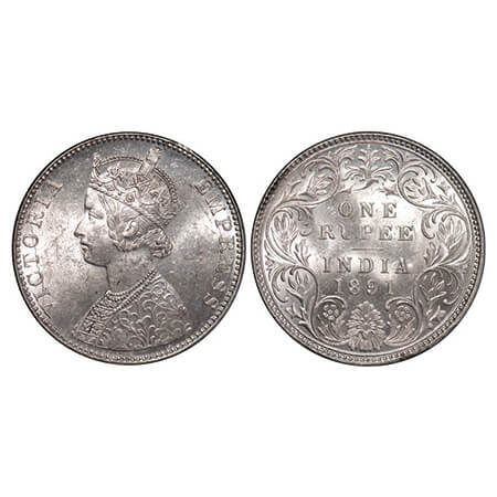 Victoria Empress, Silver, Rupee, 1891, Bombay Mint, C2/I, 'B' incused. GK 569. Almost Unci