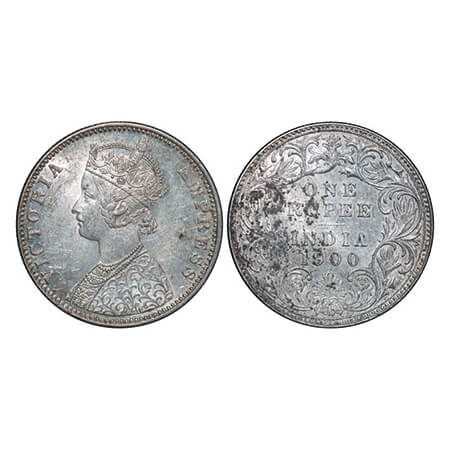 Victoria Empress, Silver, Rupee, 1900, Bombay Mint, C2/I(ii), "B' incused. GK 588. About U