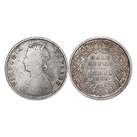 Victoria Empress, Silver, Half Rupee, 1886, Calcutta Mint, A/I, 'C' incused. GK 634. About