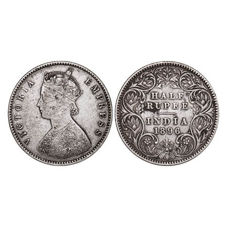Victoria Empress, Silver, Half Rupee, 1896, Calcutta Mint, A/I, 'C' incused. GK 652. About