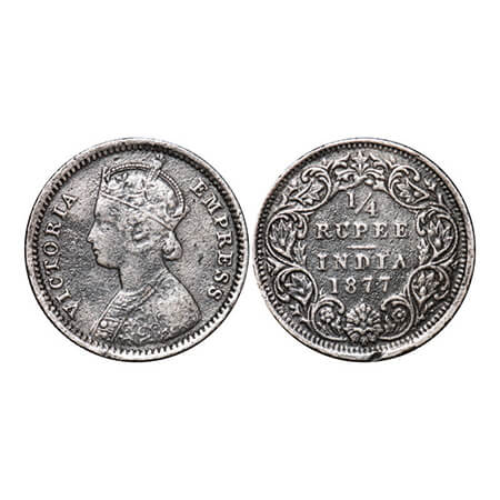 Victoria Empress, Silver, 1/4 Rupee, 1877, Bombay Mint, B/I, Dot. GK 671. Fine+, Cleaned. 
