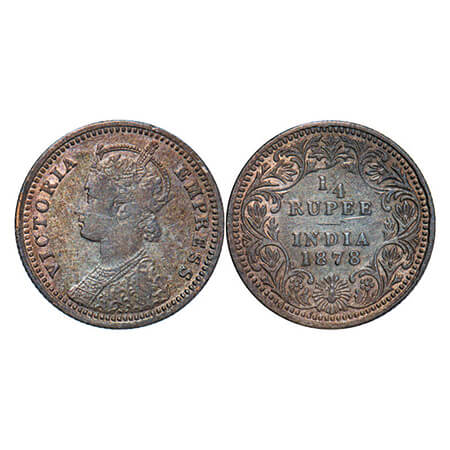 Victoria Empress, Silver, 1/4 Rupee, 1878, Calcutta Mint, C/II, No mint mark, No 'C'. GK 6