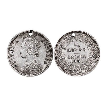 Victoria Empress, Silver, 1/4 Rupee, 1881, Calcutta Mint, C/II, 'C' incused, A hole on top