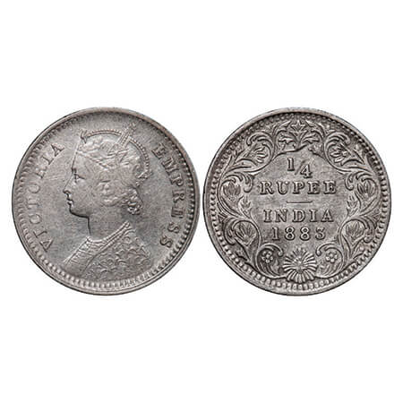 Victoria Empress, Silver, 1/4 Rupee, 1883, Calcutta Mint, C/II, 'C' incused. GK 692. Very 