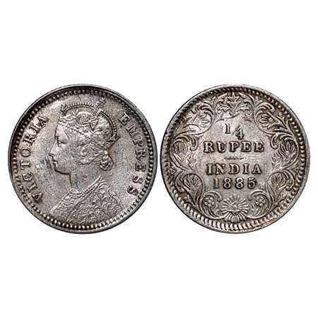 Victoria Empress, Silver, 1/4 Rupee, 1885, Calcutta Mint, C/II, 'C' incused. GK 702. Extre