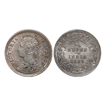 Victoria Empress, Silver, 1/4 Rupee, 1886, Calcutta Mint, C/II, 'C' incused. GK 707. Extre
