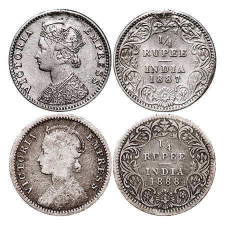 Victoria Empress, Silver, 1/4 Rupee, (2 coins), 1) 1887, Bombay Mint, C(i)/II, 'B' raised.