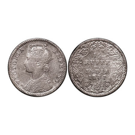 Victoria Empress, Silver, 1/4 Rupee, 1887, Calcutta Mint, C/II, No mint mark, No C. GK 709