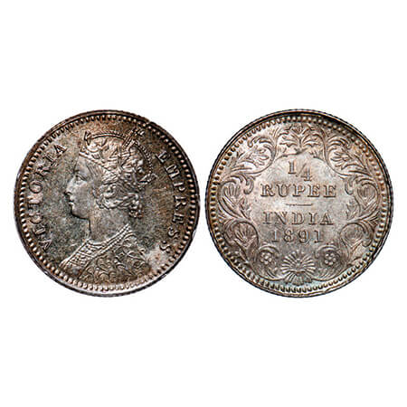 Victoria Empress, Silver, 1/4 Rupee, 1891, Calcutta Mint, C/II, 'C' incused. GK 721. Almos