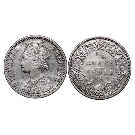 Victoria Empress, Silver, 1/4 Rupee, 1892, Bombay Mint, C(i)/I, 'B' incused. GK 722. Very 