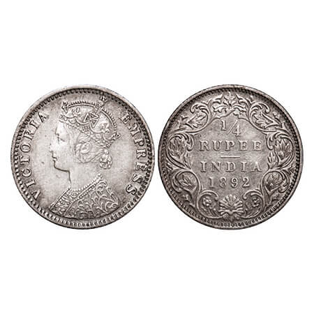 Victoria Empress, Silver, 1/4 Rupee, 1892, Bombay Mint, C(i)/I, 'B' incused. GK 722. Extre