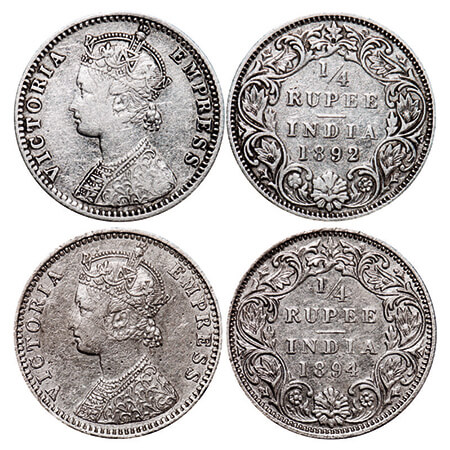 Victoria Empress, Silver, 1/4 Rupee, (2 coins), 1892, 1894, Bombay Mint, C(i)/I, 'B' incus