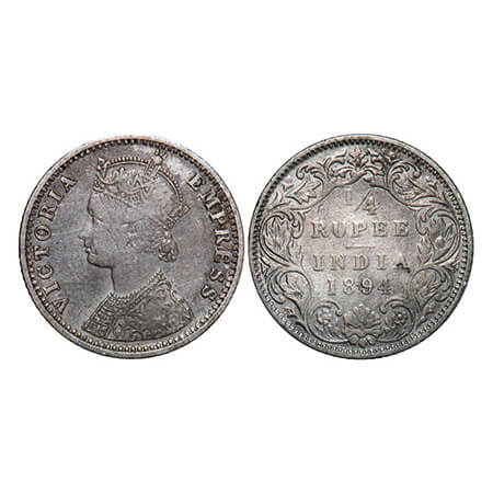 Victoria Empress, Silver, 1/4 Rupee, 1894, Bombay Mint, C(i)/I, 'B' incused. GK 726. Very 