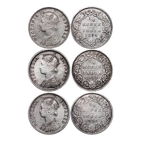 Victoria Empress, Silver, 1/4 Rupee, (3 coins), 1894, 1897, 1898, Bombay Mint, C(i)/I, 'B'