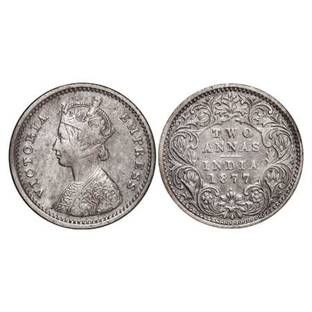 Victoria Empress, Silver, 2 Annas, 1877, Bombay Mint, A/I, Dot. GK 746. Very Fine. Scarce.