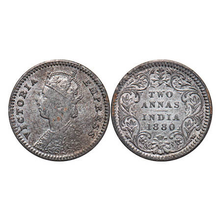 Victoria Empress, Silver, 2 Annas, 1880, Calcutta Mint, B/II, 'C' incused. GK 754. Very Fi
