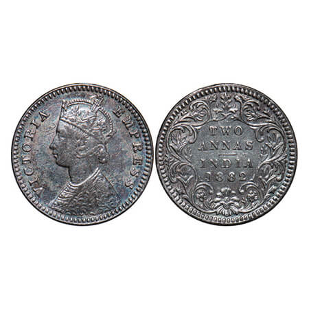 Victoria Empress, Silver, 2 Annas, 1882, Calcutta Mint, B/II, 'C' incused. GK 763. Very Fi