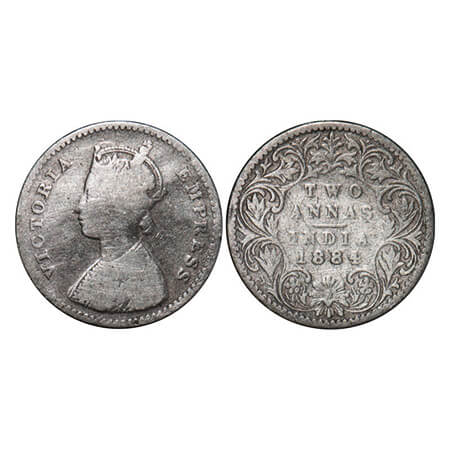 Victoria Empress, Silver, 2 Annas, 1884, Bombay Mint, A/I, No dot. GK 769. Fine, Cleaned. 
