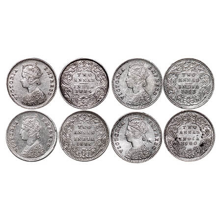 Victoria Empress, Silver, 2 Annas, (4 coins), 1) 1884, Bombay Mint, A/I, No dot, 2) 1886, 