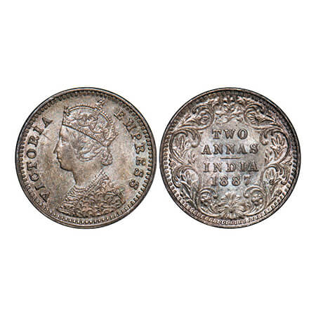 Victoria Empress, Silver, 2 Annas, 1887, Bombay Mint, B/II, 'B' incused. GK 783. Almost Un