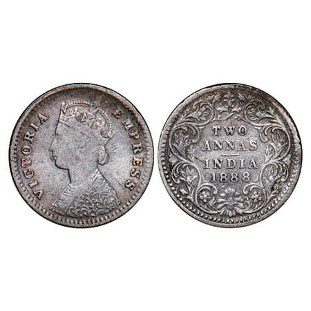 Victoria Empress, Silver, 2 Annas, 1888, Bombay Mint, B/II, 'B' incused. GK 785. Very Fine